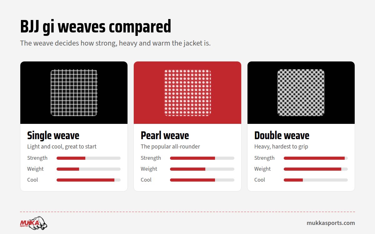 BJJ gi weaves compared: single weave, pearl weave and double weave