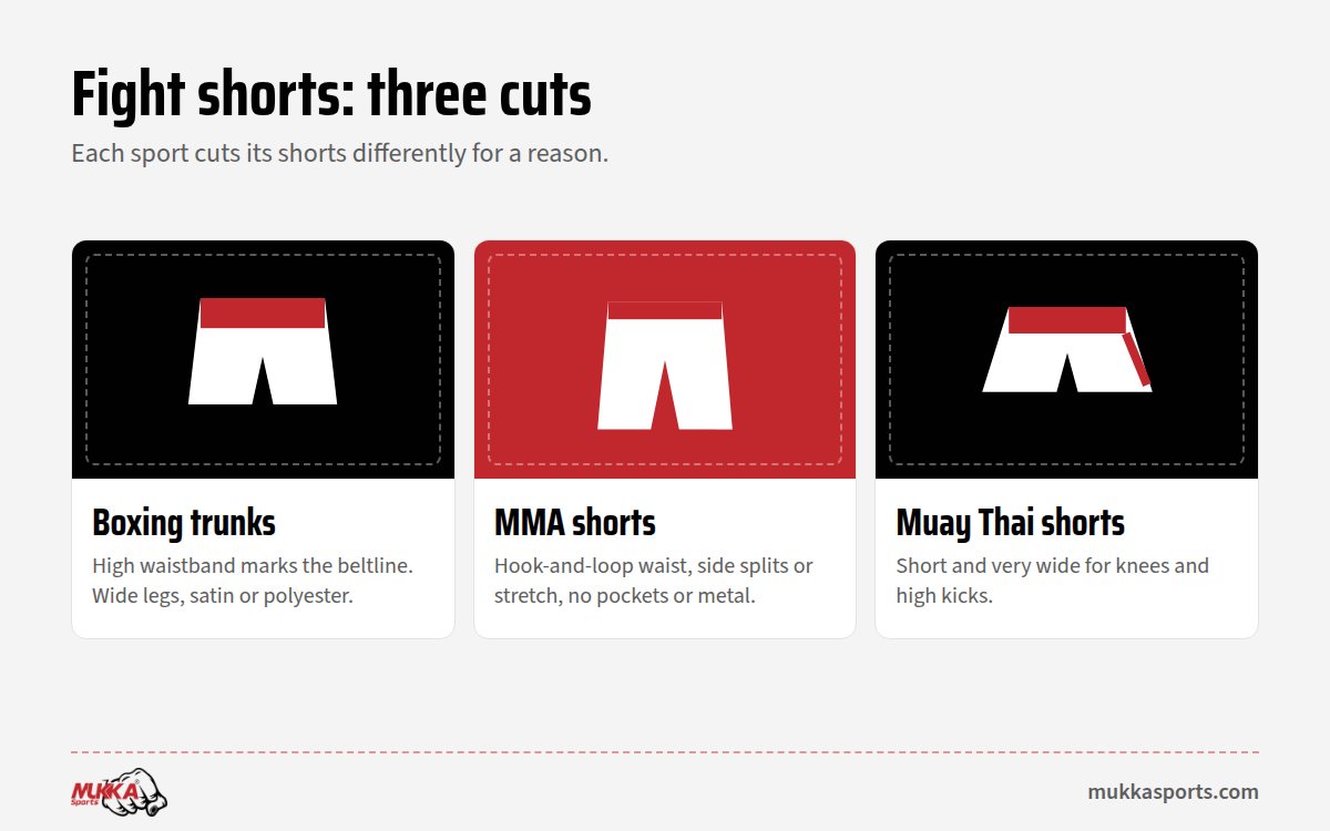 Boxing trunks, MMA shorts and Muay Thai shorts compared