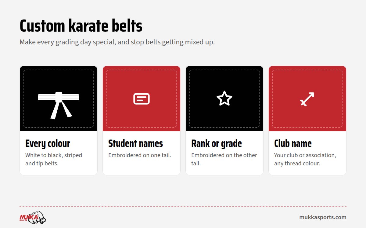 Custom karate belts: embroidered names, ranks, club logos and colours