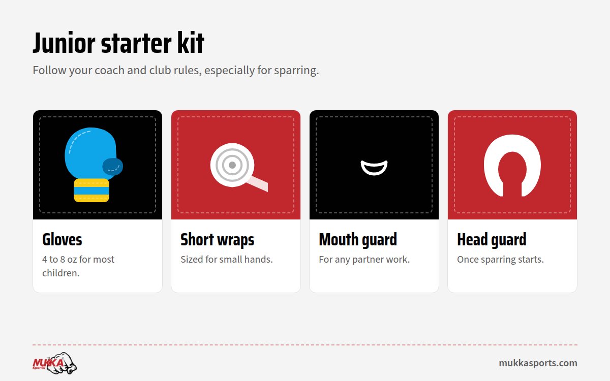 Starter boxing kit for kids: gloves, wraps, mouth guard and head guard